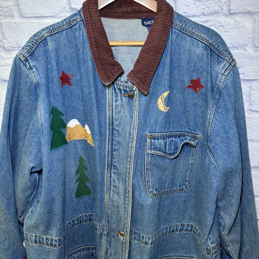 Baccini Womens Denim Jacket 2XL Embroidered Birdhouses Vintage Barn Jacket Moon - Picture 3 of 15